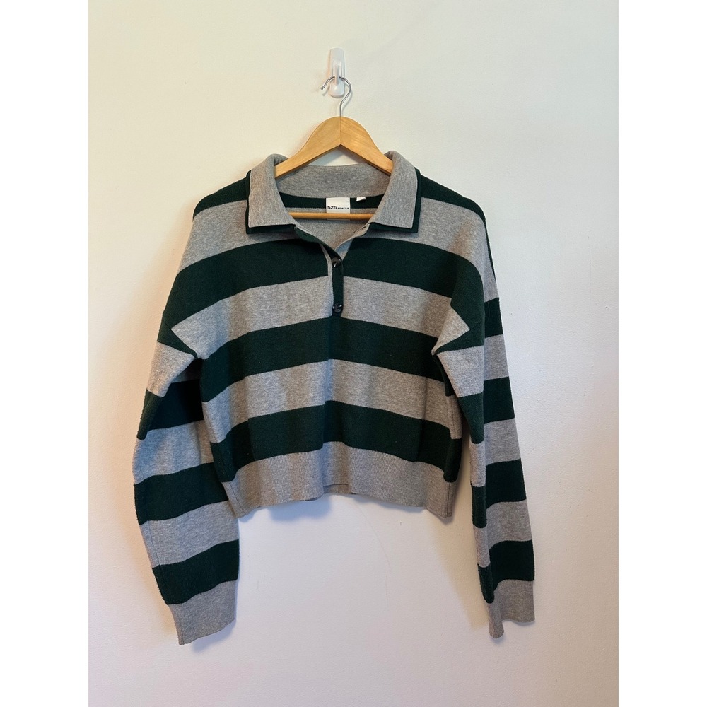 525 America Grey and Green Striped Cropped Polo Sweater | Size Large